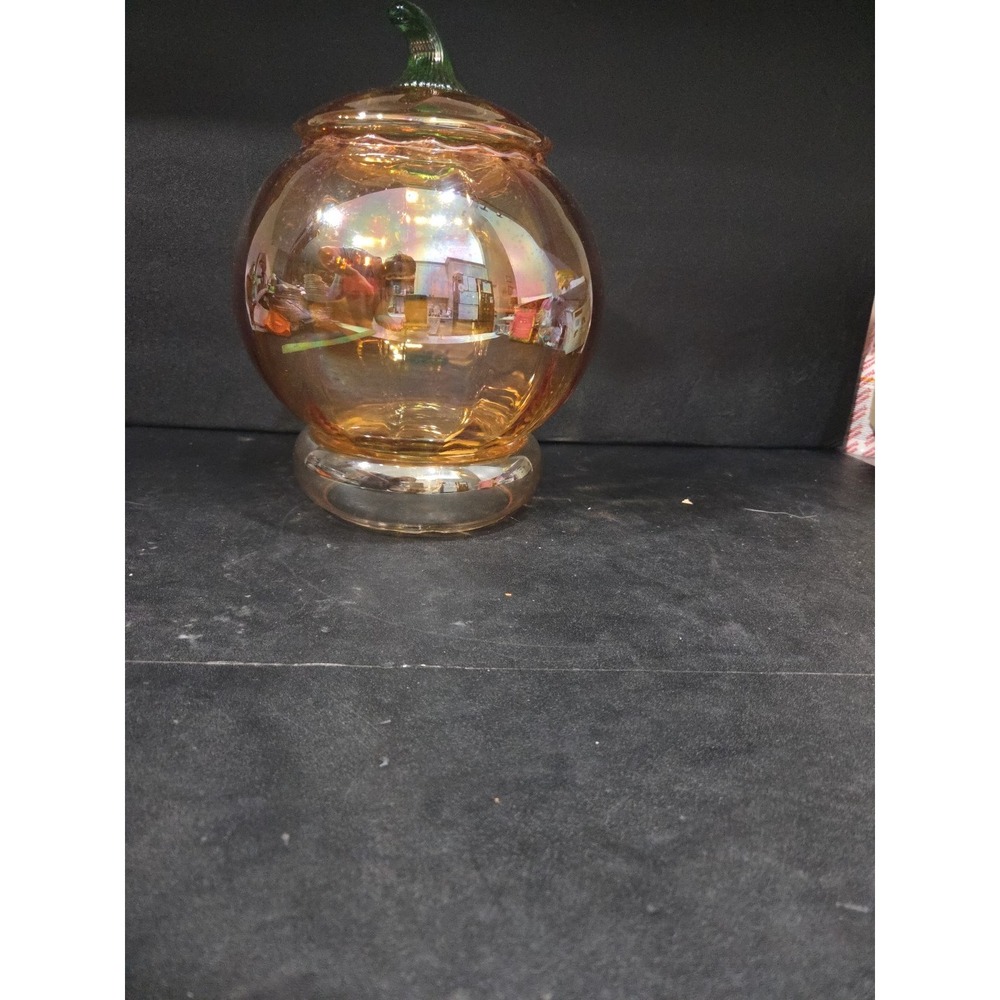 Princess House Glass Pumpkin Cookie Treat Jar, Iridescent Finish, Footed Storage